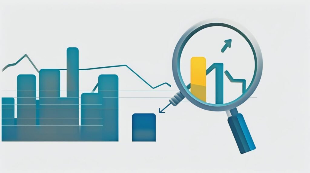 A sleek, dark, modern aesthetic featuring subtle glowing data charts, a faint grid, and a soft-focus futuristic magnifying glass analysing a rising growth line.