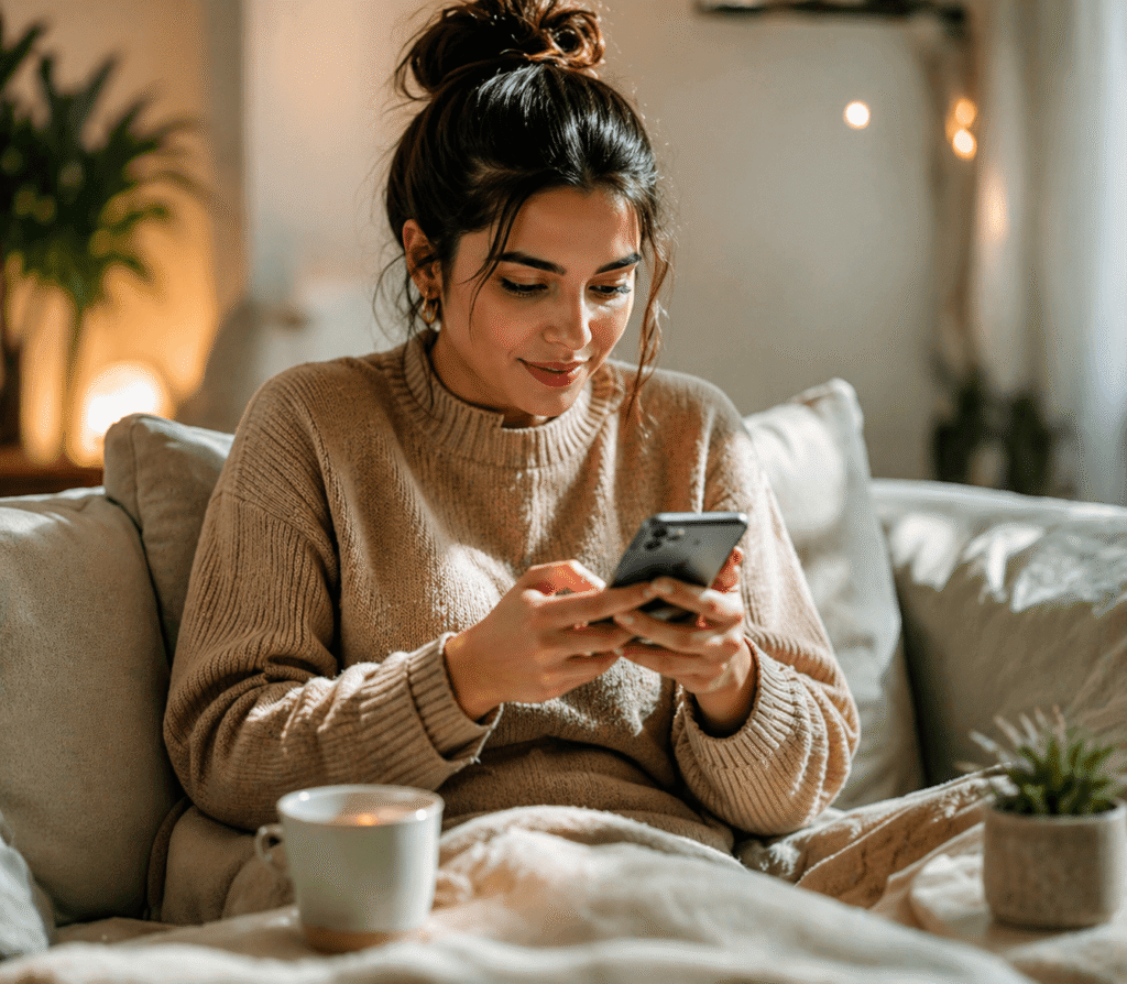 a young woman smiling softly as she looks at her smartphone