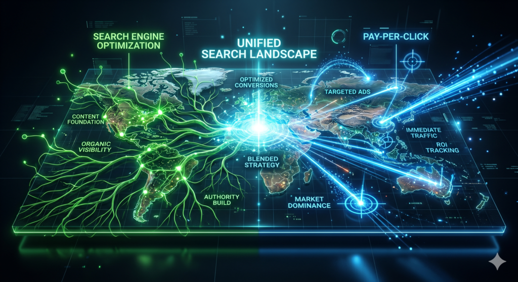 A high-tech, 3D futuristic topographical digital map representing a "search landscape." On the left side of the map, glowing green organic digital roots and nodes are slowly growing and establishing a foundation (representing SEO). On the right side, fast-moving, bright electric blue data streams and target crosshairs are striking specific points on the map (representing PPC). In the center, the green and blue light streams merge into a bright, glowing, unified data core. Dark background, volumetric lighting, sleek corporate digital marketing aesthetic, highly detailed, 8k resolution, cinematic composition.