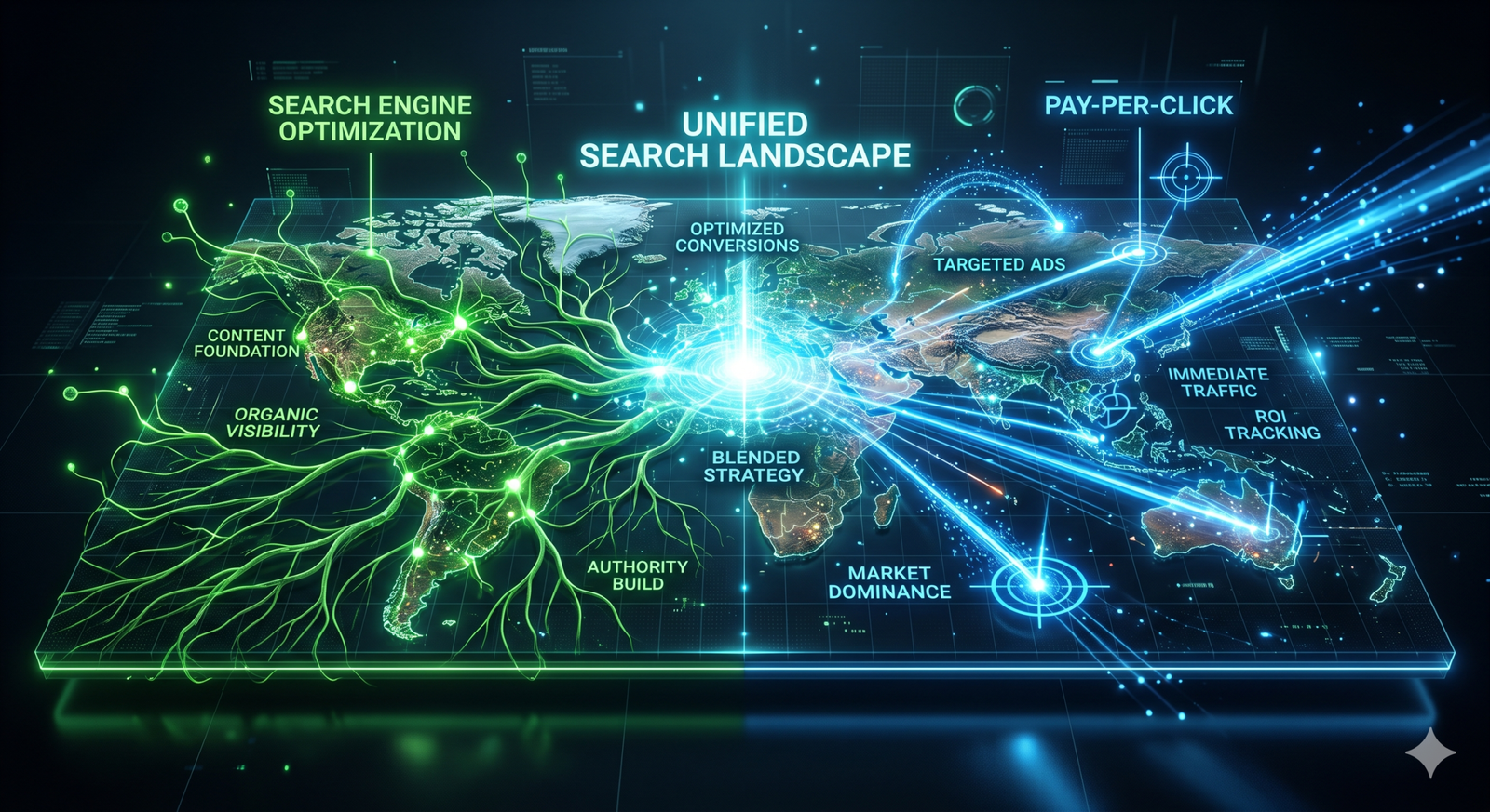 A high-tech, 3D futuristic topographical digital map representing a "search landscape." On the left side of the map, glowing green organic digital roots and nodes are slowly growing and establishing a foundation (representing SEO). On the right side, fast-moving, bright electric blue data streams and target crosshairs are striking specific points on the map (representing PPC). In the center, the green and blue light streams merge into a bright, glowing, unified data core. Dark background, volumetric lighting, sleek corporate digital marketing aesthetic, highly detailed, 8k resolution, cinematic composition.
