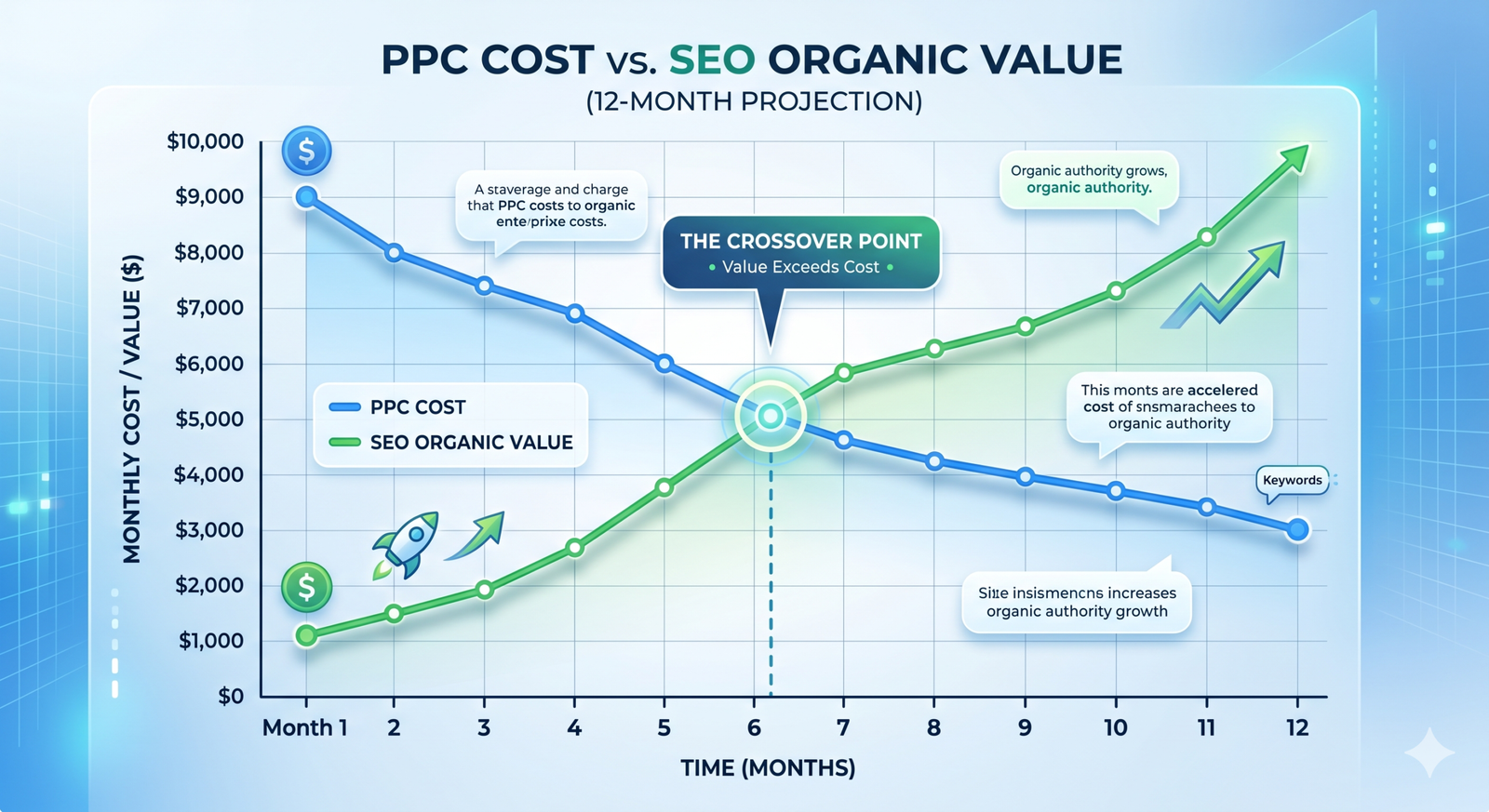 A line graph showing high PPC costs dropping over 12 months as the SEO organic value line rises and intersects it.