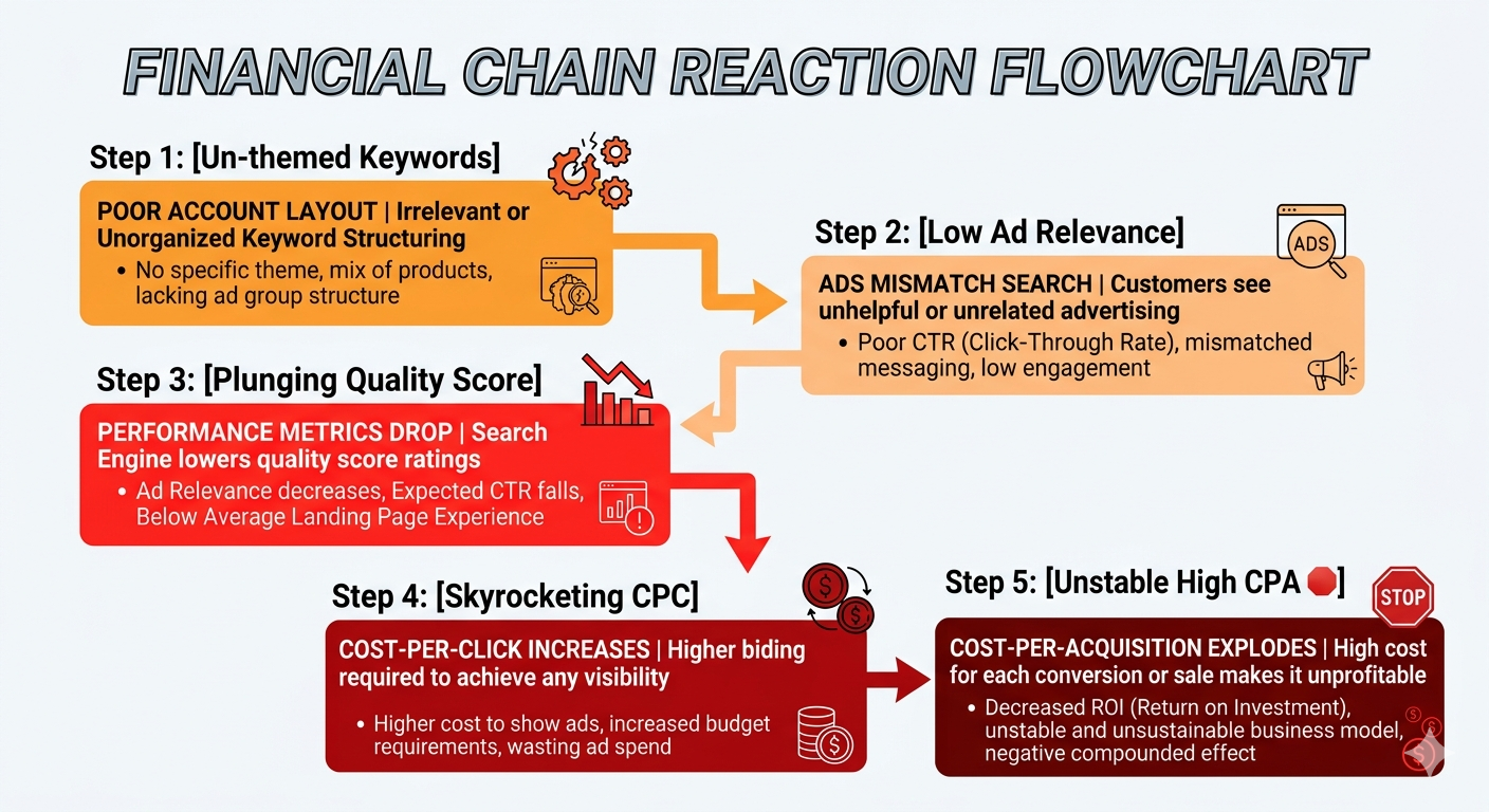 A step-by-step flowchart illustrating how a disorganized Google Ads account structure triggers low ad relevance, leading to poor quality scores and a high cost per acquisition.