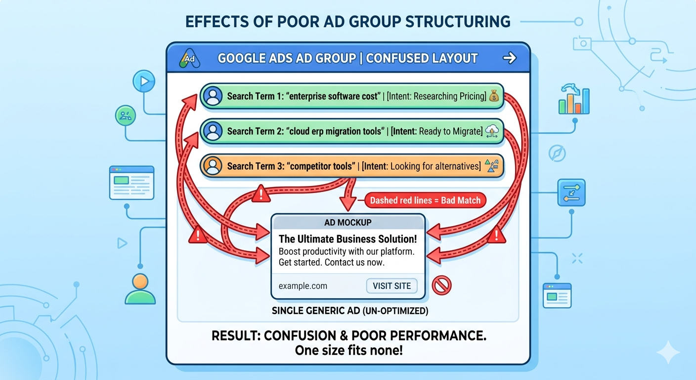 A visual mockup of a catch-all Google Ads ad group showing various high-intent keywords poorly mapped to a single generic headline.
