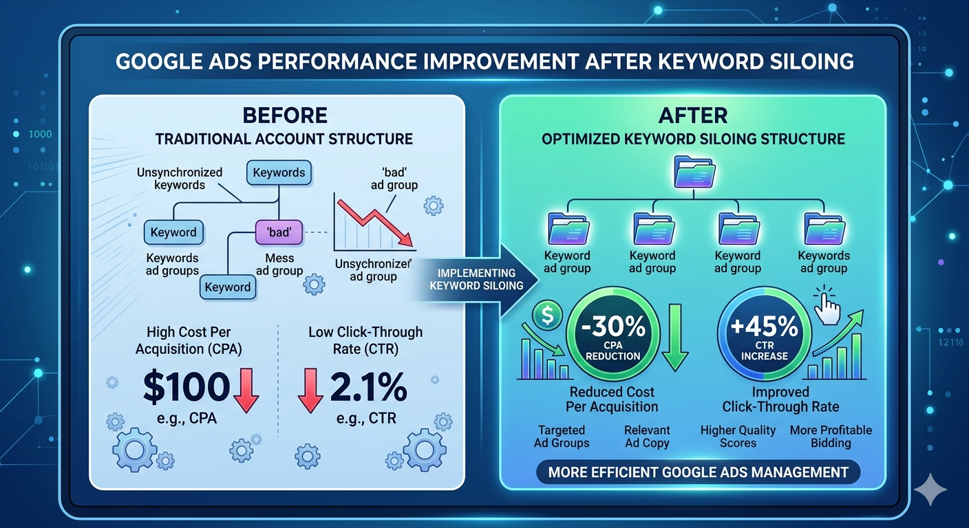A data graphic showing a 30% reduction in Cost Per Acquisition and a 45% increase in Click-Through Rate after implementing keyword siloing via Google Ads management.