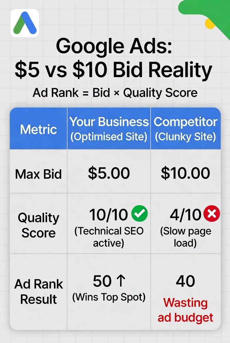A side-by-side comparison chart demonstrating how a high landing page experience quality score lowers CPC and increases Ad Rank over high-bidding competitors.
