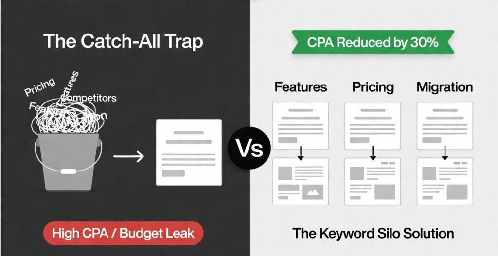 A before and after split-screen diagram showing a messy catch-all PPC ad group compared to a highly organized, siloed campaign structure that cuts cost per acquisition.