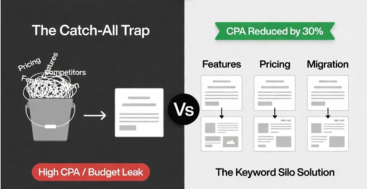 A before and after split-screen diagram showing a messy catch-all PPC ad group compared to a highly organized, siloed campaign structure that cuts cost per acquisition.