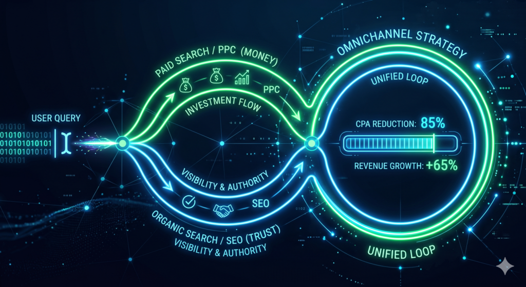 Abstract visualization showing paid search PPC data and organic SEO merging into a unified omnichannel search strategy for revenue growth.