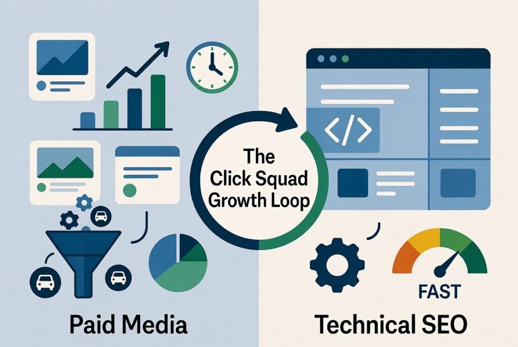Infographic diagram showing the synergy loop between paid media traffic and technical SEO site architecture to achieve total search coverage