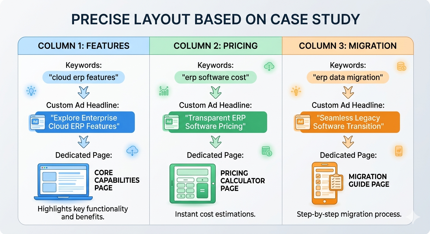 An example diagram of Single Theme Ad Groups mapping target keywords to hyper-relevant ad copy headlines and specific conversion-optimized landing pages.