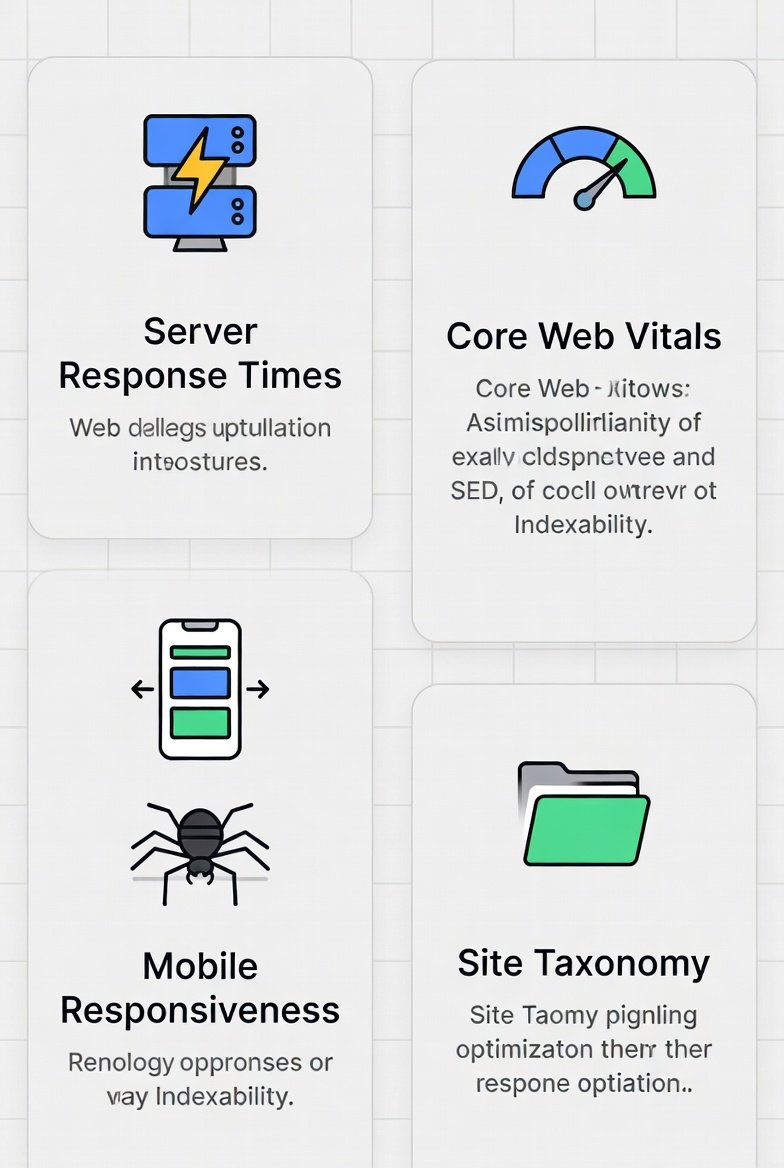 A checklist grid illustrating the core elements of a technical SEO audit, including server response times, core web vitals, indexability, and mobile responsiveness.
