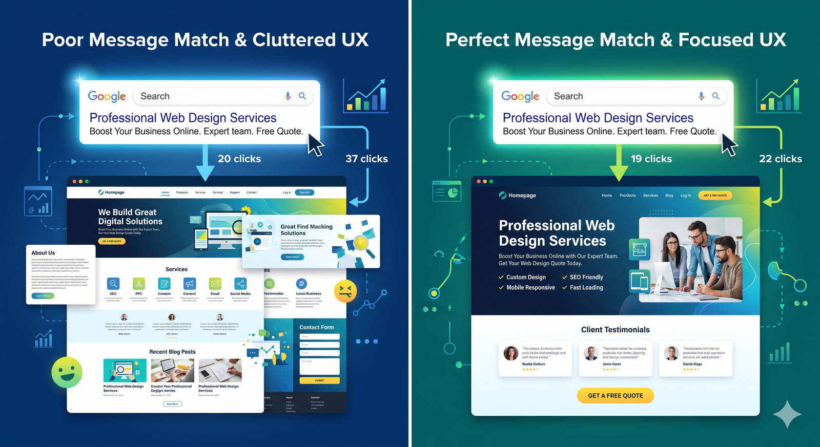 Diagram comparing a poor message match homepage with a highly optimised dedicated landing page.