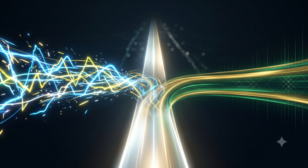 Conceptual visualisation showing two distinct light streams of paid and organic data merging into a single, glowing, unified pathway toward lead quality.
