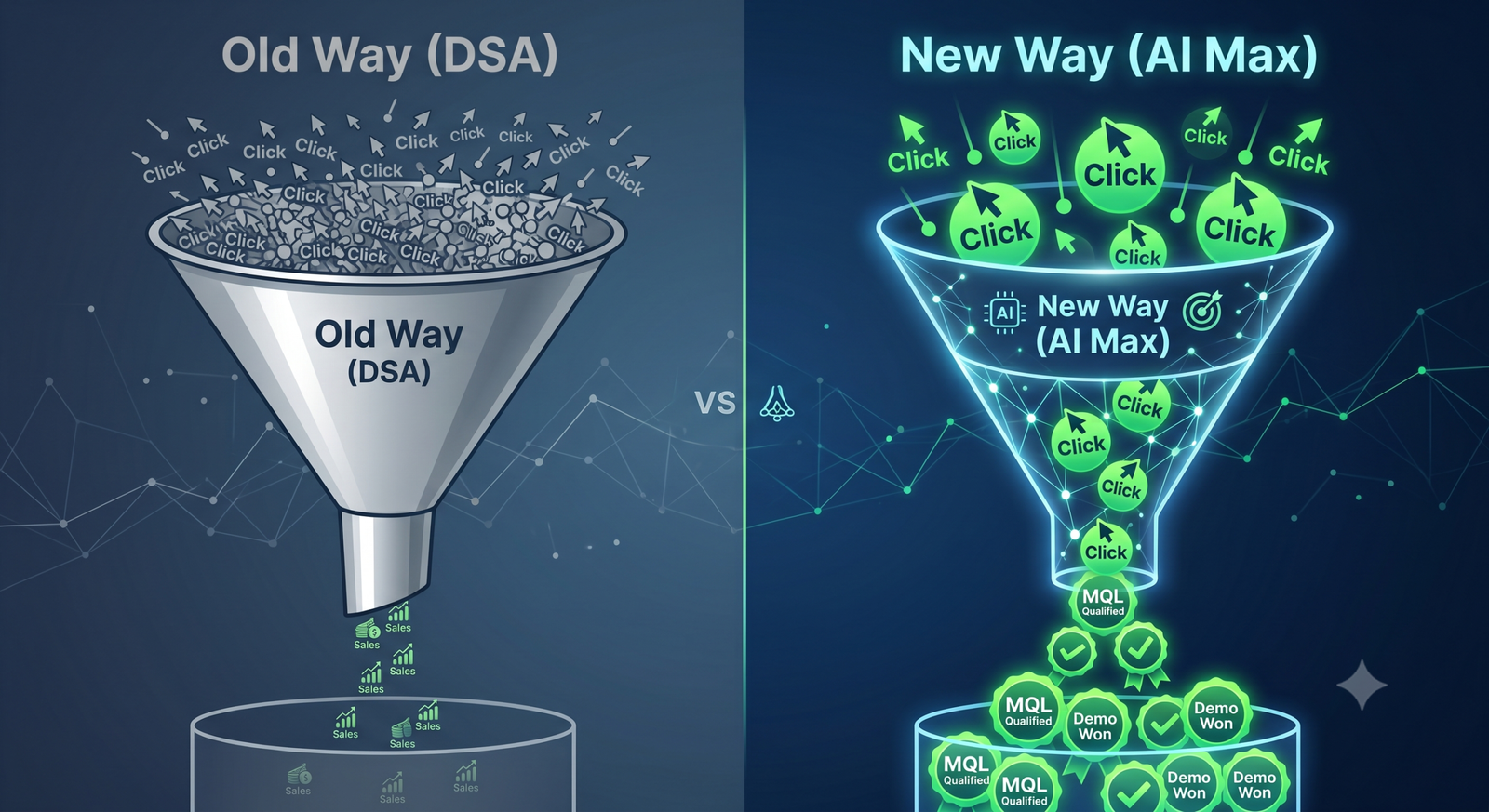 Comparison funnel showing the difference between the Old Way (high click volume, low conversions) and the New Way with AI Max (targeted clicks, high lead quality and conversion value).