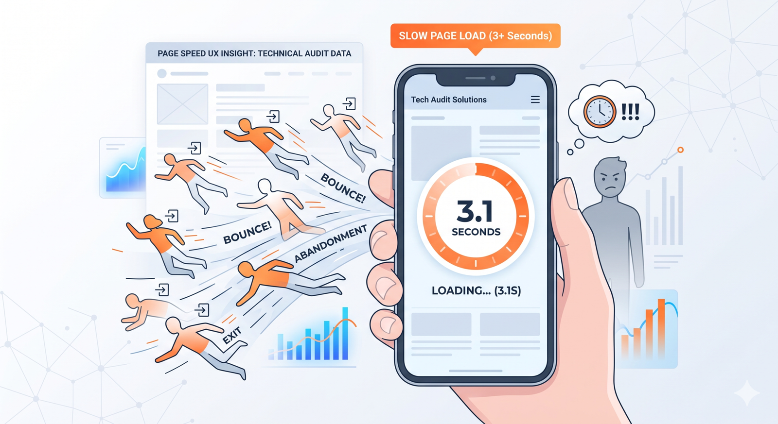 Illustration showing how slow mobile page load speeds increase bounce rates and hurt conversions.