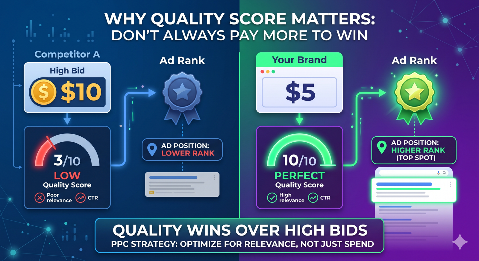 A visual comparison showing how a high Quality Score lowers the required cost per click in the Google Ads auction.