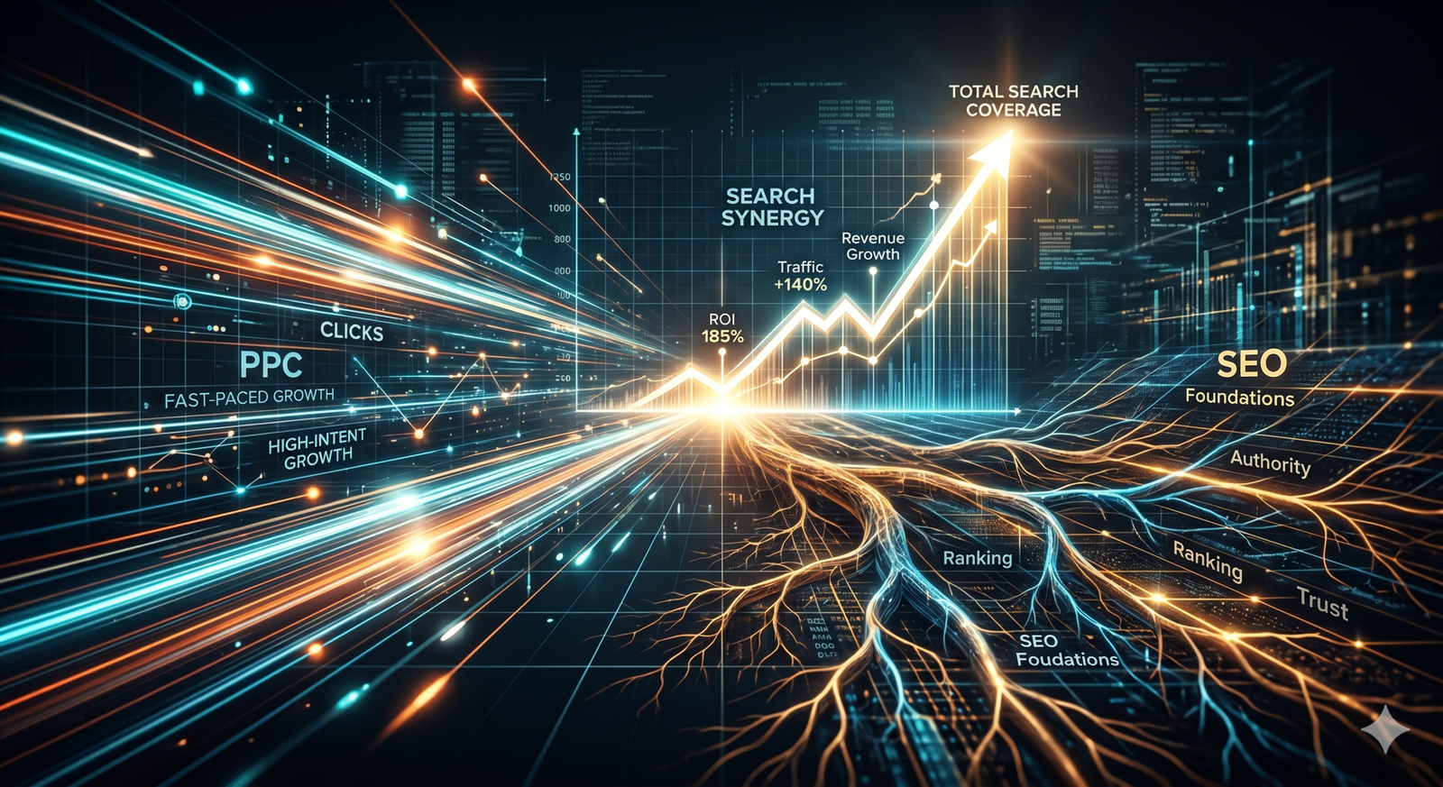 Abstract cinematic visualization of SEO and PPC integration showing fast paid traffic and structured organic foundations merging into a single upward-trending revenue engine.