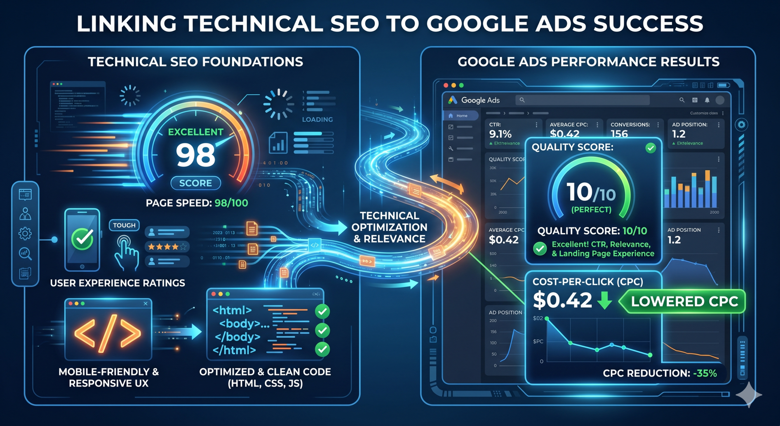Graphic showing how technical SEO optimizations like page speed and mobile responsiveness directly improve Google Ads Quality Score.