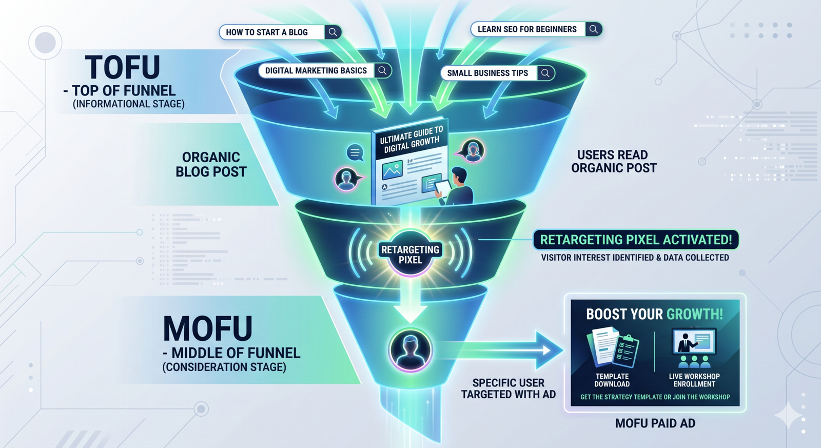 Funnel diagram showing informational SEO traffic being captured by a retargeting pixel and subsequently served middle-of-funnel paid ads.