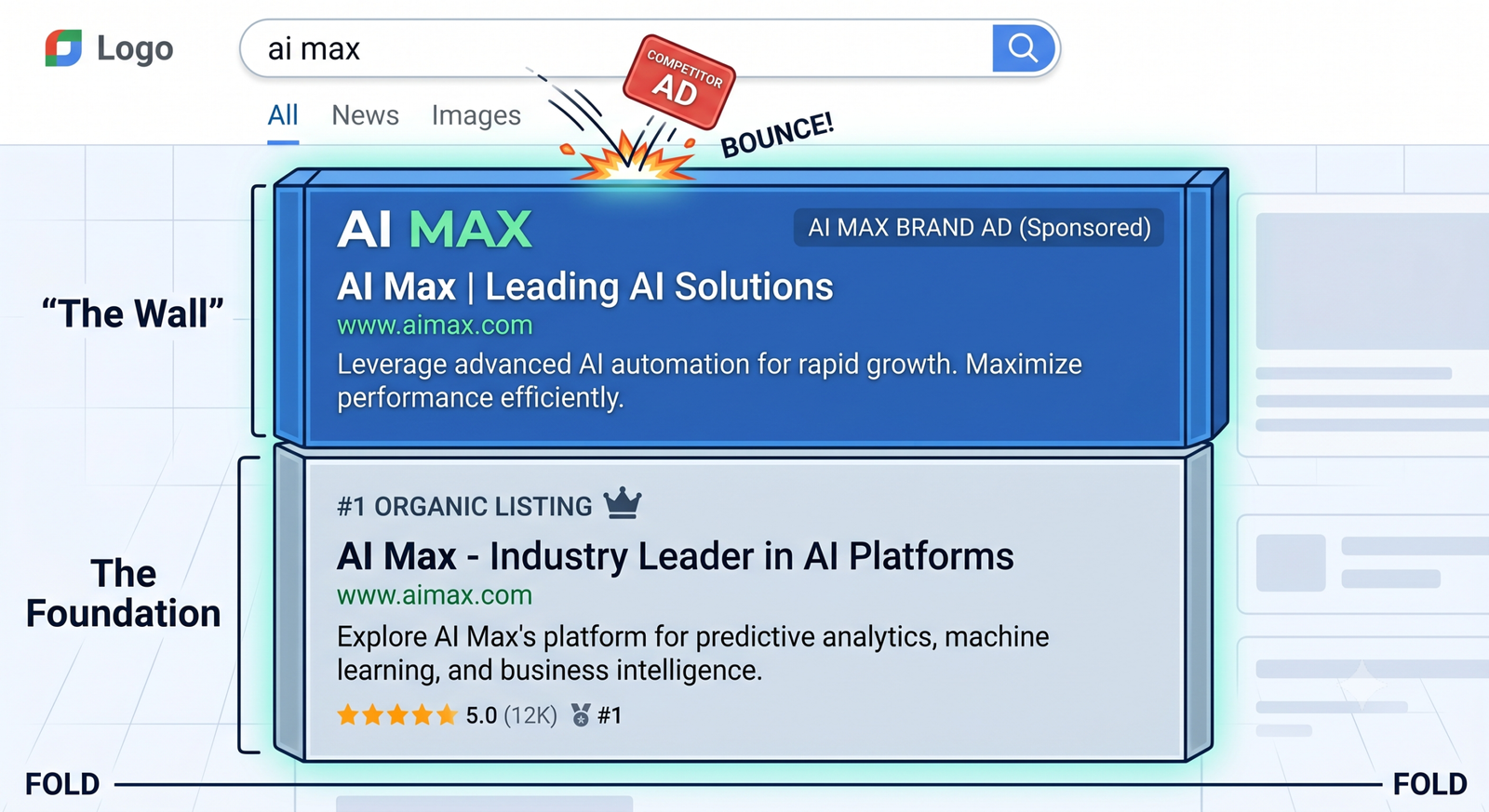SERP mockup visualisation showing a solid wall created by an AI Max Brand ad blocking a competitor's ad, reinforced by the brand's own #1 organic listing below.
