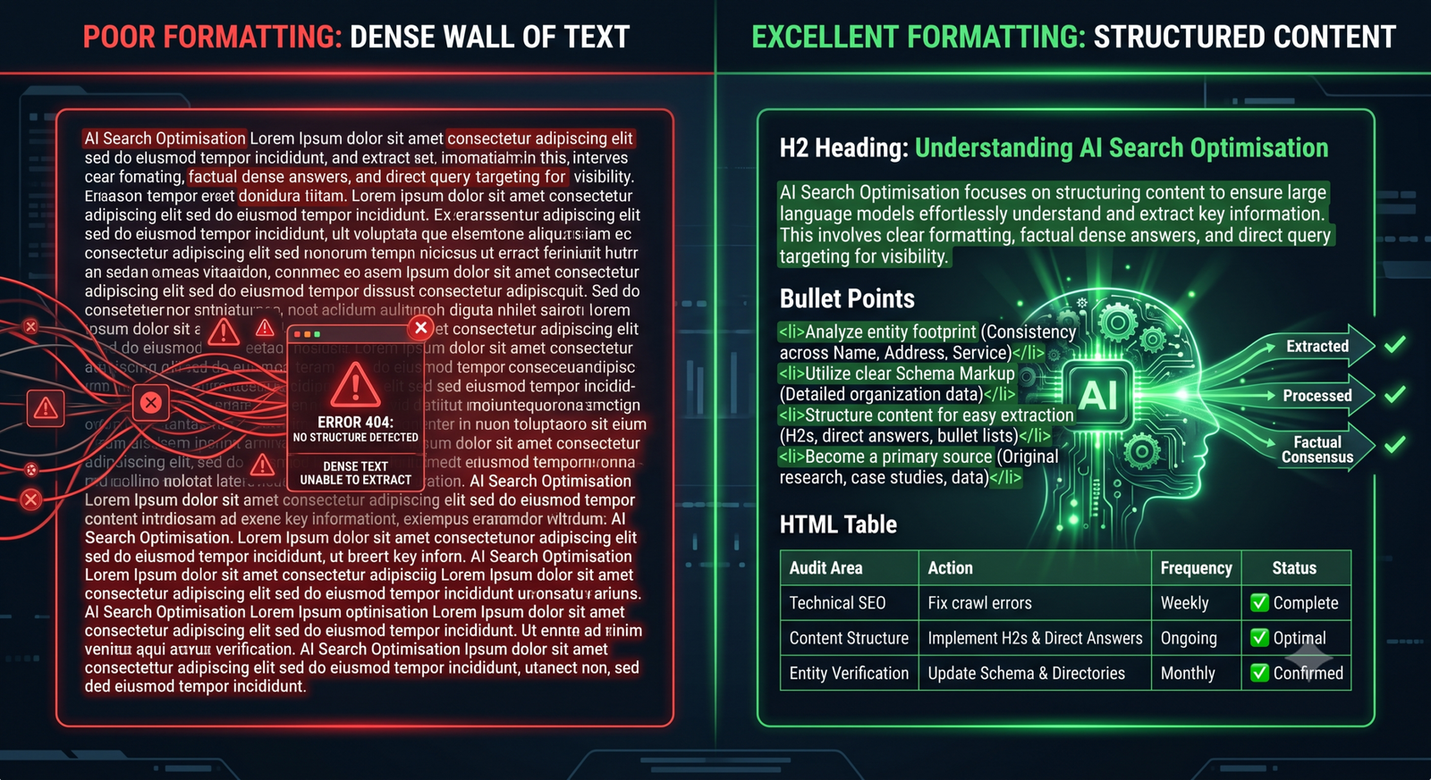 Comparison of an unstructured wall of text versus clean, extractable content formatting designed for AI crawlers.