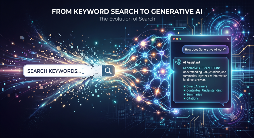 Conceptual illustration showing a traditional search engine interface transforming into a generative AI neural network.