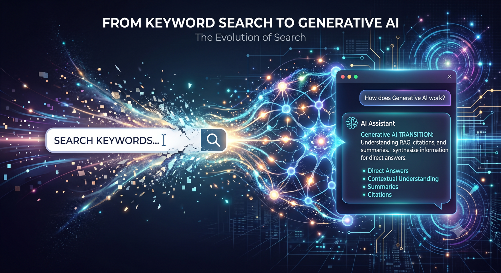 Conceptual illustration showing a traditional search engine interface transforming into a generative AI neural network.