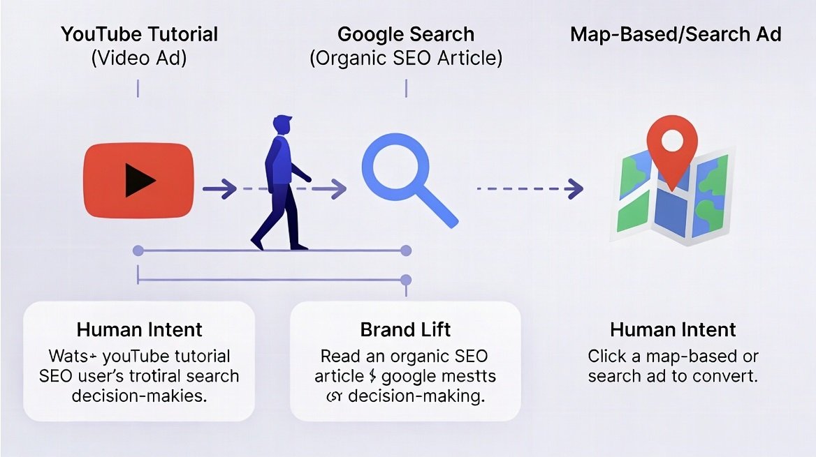 User journey map illustrating how consumers navigate between organic search, YouTube, and Google Maps before converting.