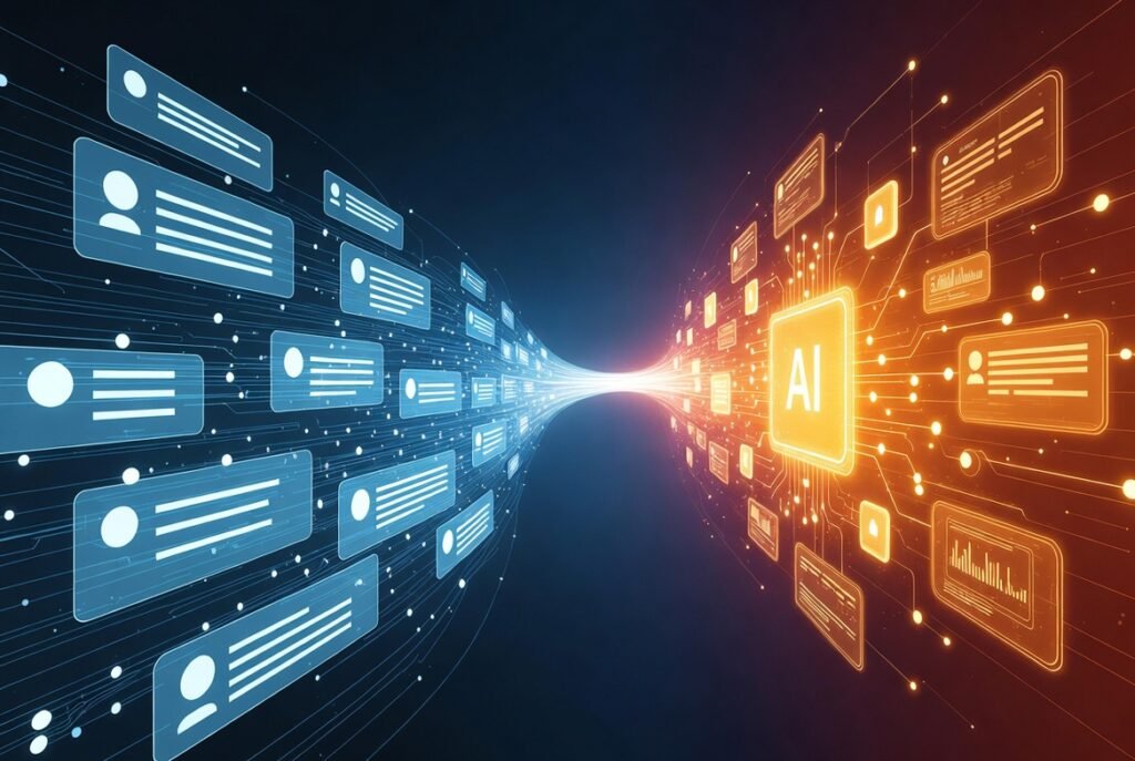 Digital illustration showing organic SEO signals merging with a Performance Max AI dashboard to create unified search synergy.