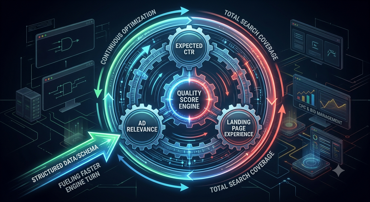 Infographic showing how Schema markup improves Landing Page Experience within the Google Ads Quality Score flywheel.