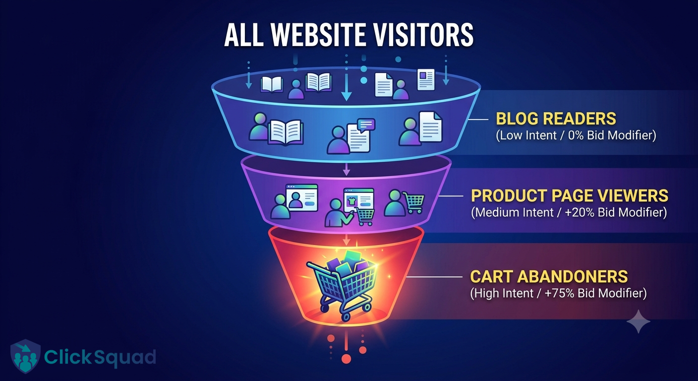 Funnel diagram showing website visitors segmented by intent, including cart abandoners, product viewers, and blog readers.