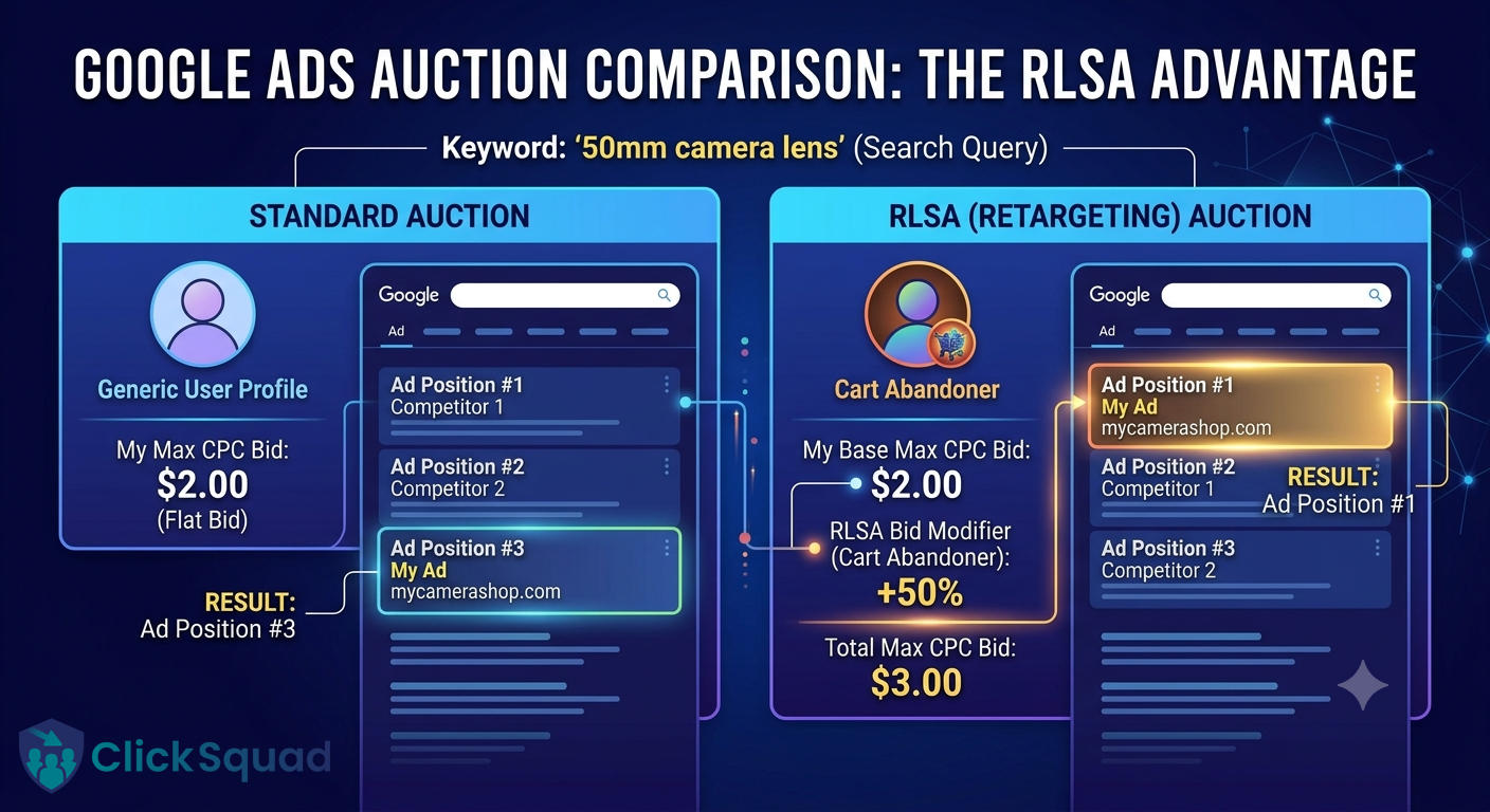Dashboard mockup illustrating a 50 percent positive bid modifier applied to a cart abandoner remarketing list to win the top ad spot.