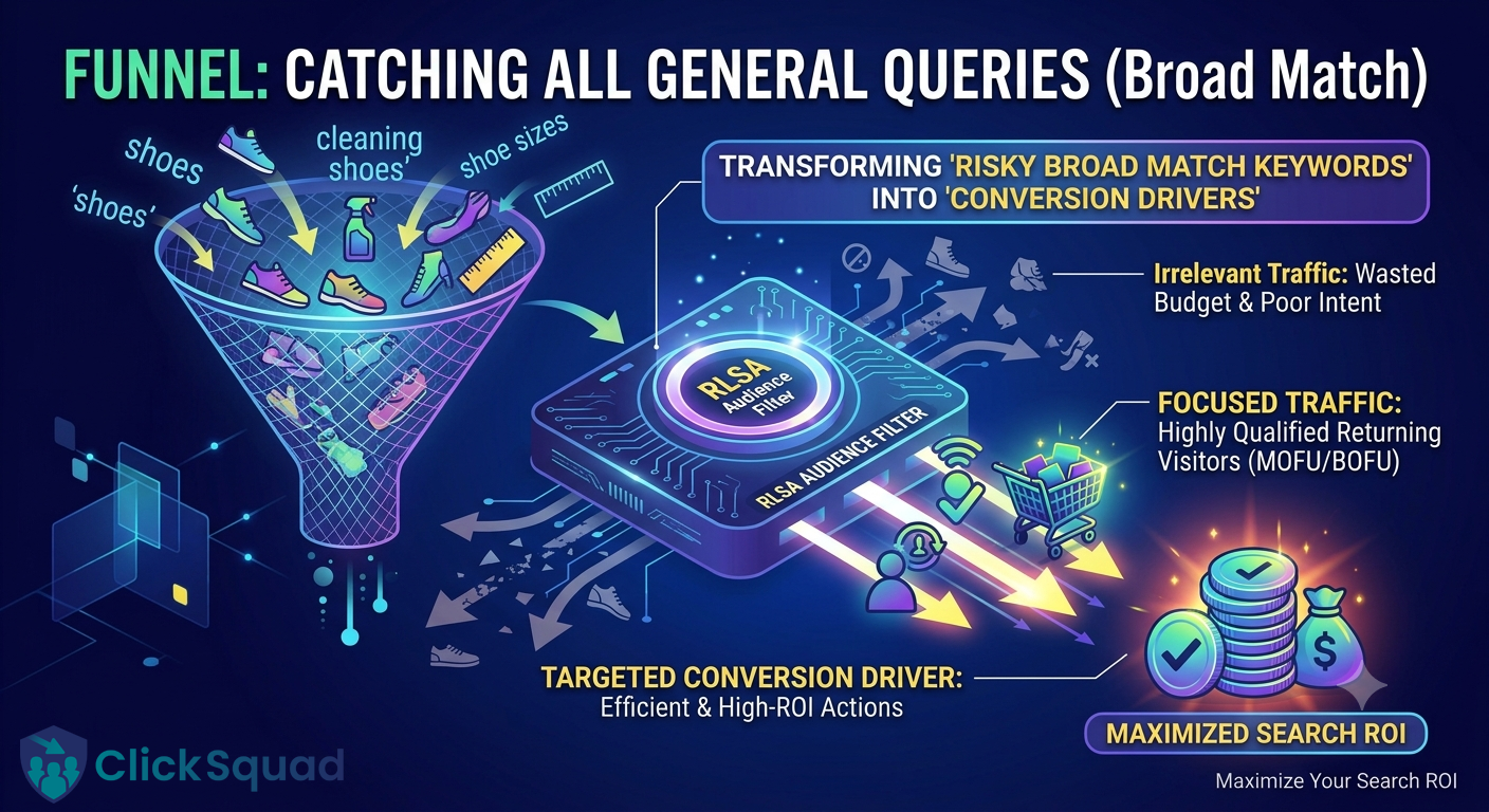 Diagram showing how an RLSA audience acts as a filter to block unqualified traffic from broad match keywords.