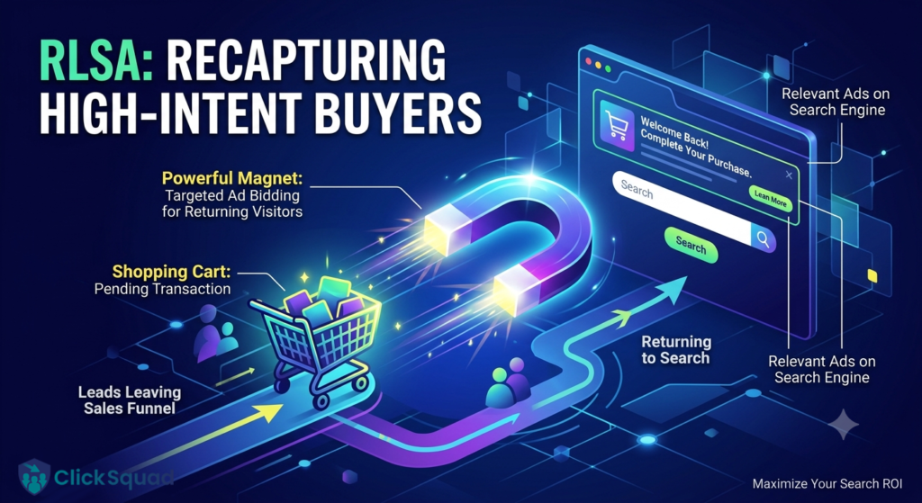 Conceptual illustration of a digital magnet pulling a shopping cart back to a search bar, representing an RLSA retargeting strategy.