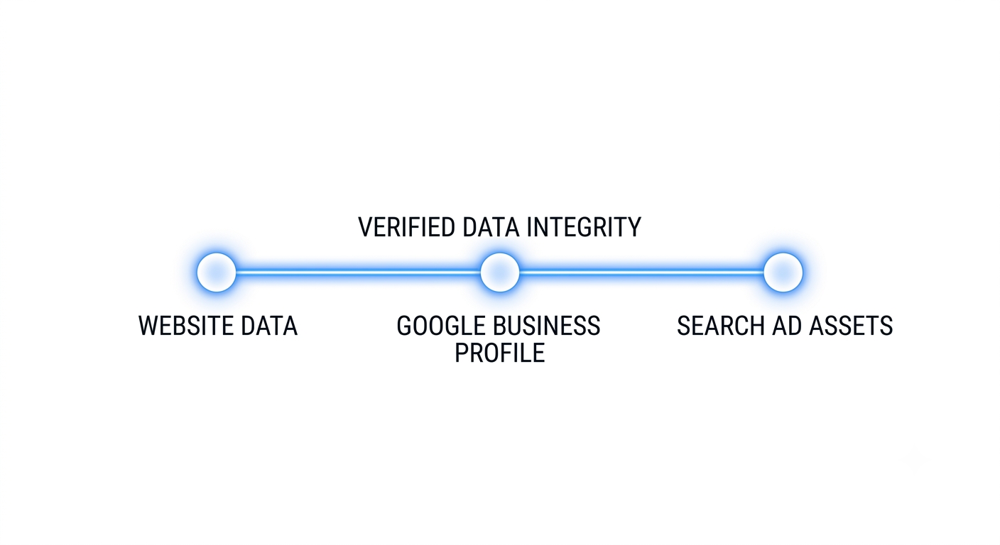 A checklist illustration showing the importance of data consistency across website schema, Google Business Profile, and paid ad extensions.