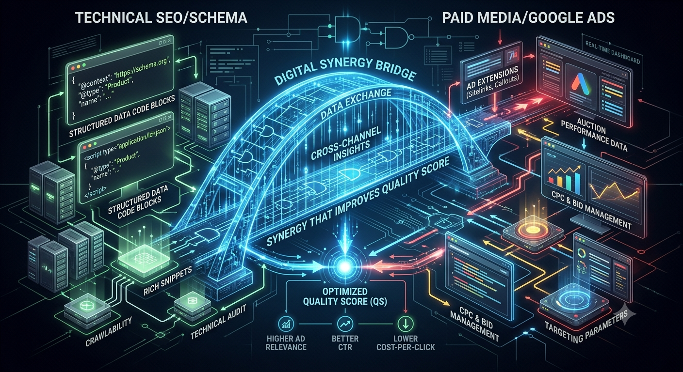 A digital illustration connecting structured schema markup code to Google Ads performance, representing how technical SEO improves Ad Quality Score.