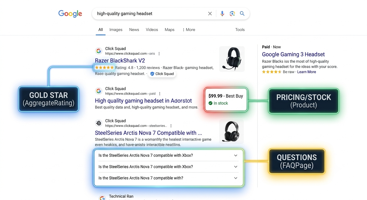 Google search results mockup highlighting how Product and FAQ schema create eye-catching rich results and improve ad trust.