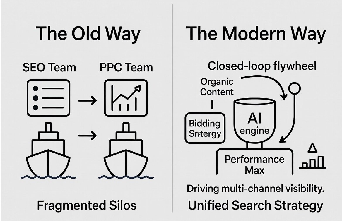 Infographic comparing fragmented marketing silos with an integrated SEO and Performance Max feedback loop.