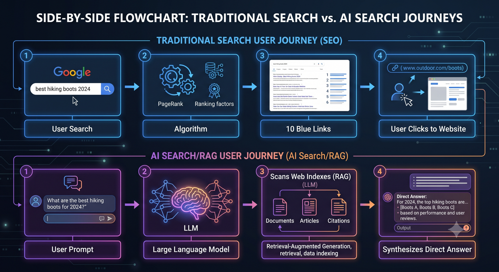 Flowchart comparing traditional search engine clicks with Retrieval-Augmented Generation AI answers.